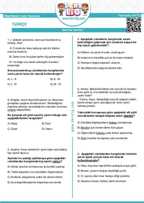 türkçe 6 sınıf zamirler test